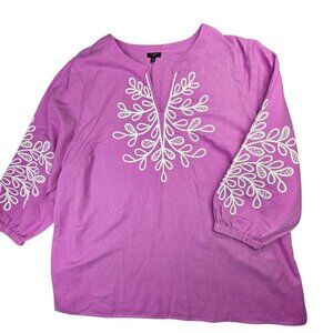 Talbots Plus Tunic Shirt Womens 2X Pink Purple Linen Blend Embroidered Boho Top